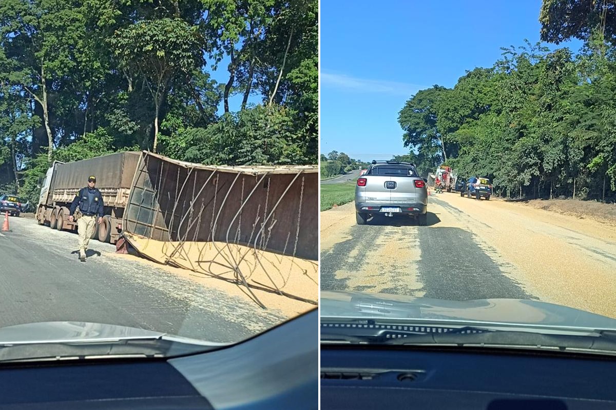 PRF interdita BR-153 por uma hora após tombamento de caminhão com milho (Foto: Divulgação)