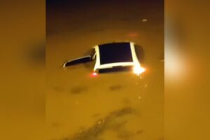 Dois carros ficaram submersos após alagamento na GO-070, em Goianira. O caso ocorreu na madrugada desta quinta-feira (17). (Foto: reprodução)