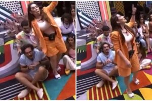 Momento aconteceu durante a formação do paredão neste domingo (6). BBB 22: Pisão de Naiara Azevedo no dedo de Eliezer