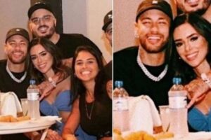 Neymar posa agarradinho com Bruna Biancardi em chá de bebê de 'parça'