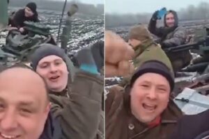 Outro tanque da Rússia foi filmado sendo puxado por tratores ucranianos passeiam em tanque russo após vitória da resistência em Kharkiv