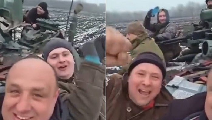 Outro tanque da Rússia foi filmado sendo puxado por tratores ucranianos passeiam em tanque russo após vitória da resistência em Kharkiv