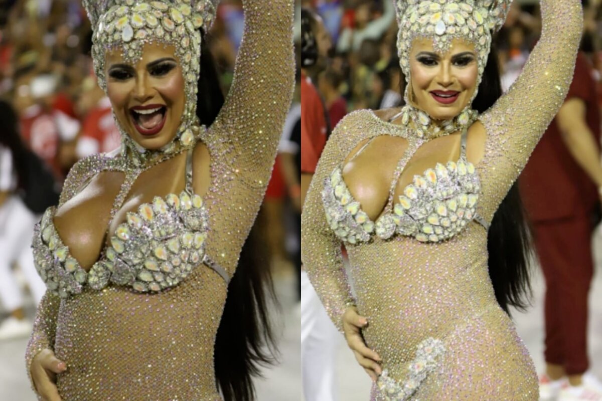 Viviane Araújo exibe barriga de grávida em ensaio da Salgueiro