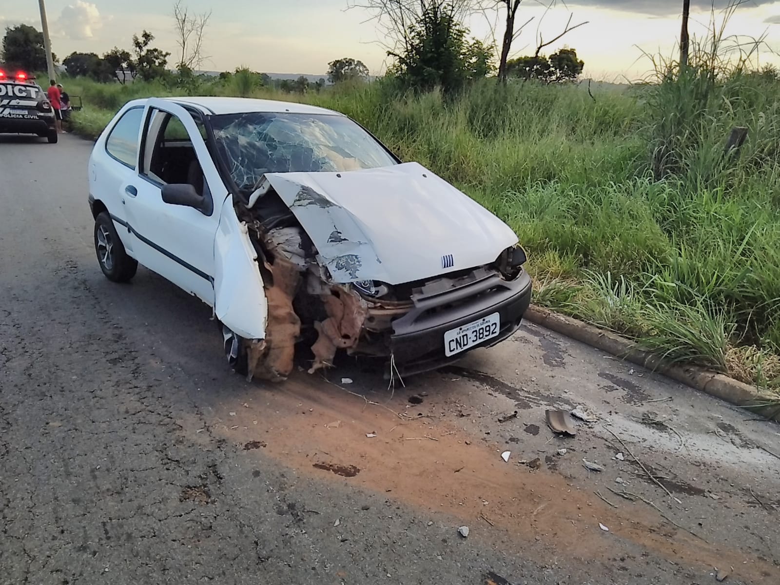 Carro colide contra poste e recém-nascido é arremessado no painel do veículo na GO-040