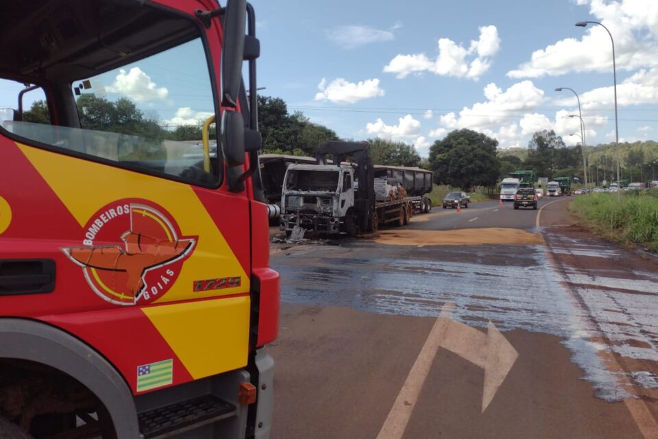 Caminhão pega fogo e motorista sai ileso na BR-060 em Jataí (GO)