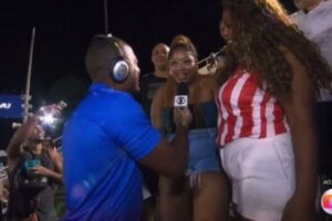 Foliã viraliza e vira meme após dizer que veio da Costa do Marfim em entrevista ao vivo na Sapucaí: Zona Norte está diferente