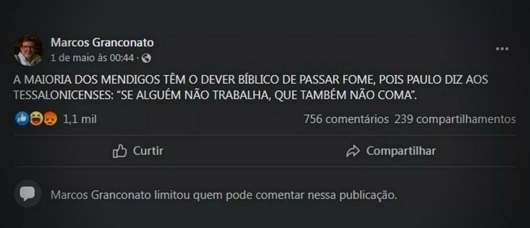 Marcos Granconato tem mais de 32 mil seguidores. Pastor gera revolta ao dizer que 'Mendigos têm o dever bíblico de passar fome'