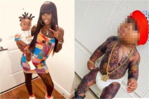A americana Shamekia Morris causou polêmica nas redes sociais ao compartilhar fotos de seu filho, Treylin Armani, de 1 ano e 5 meses, coberto de tatuagens. (Foto: reprodução)