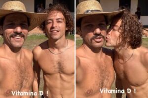 Sem camisa, Jesuíta Barbosa dá beijinho em ator que faz Tibério em Pantanal; vídeo
