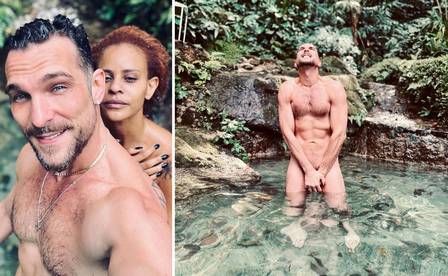 Ator e ex-Rouge são casados desde 2015. Igor Rickli e Aline Wirley tomam banho nus em piscina natural em casa; fotos