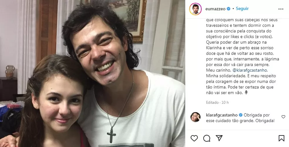 Klara Castanho agradece a Bruno Mazzeo pelo apoio — Foto: Reprodução