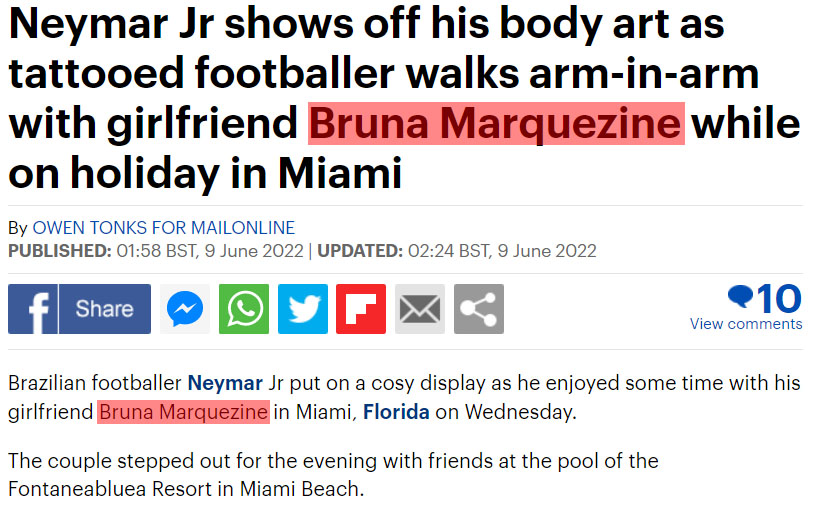 Daily Mail trocou o nome de Bruna Biancardi. Namorada de Neymar é confundida com Bruna Marquezine por jornal 