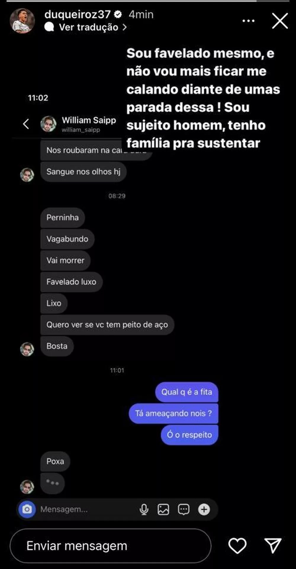 Post de Du Queiroz nas redes sociais sobre ameaça