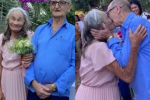 Em um ato que demonstra que o amor não tem idade, dois idosos, de 92 e 78 anos, se conheceram em um abrigo e se casaram na cidade de Caçu. (Foto: divulgação)