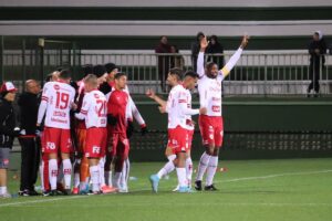 Jogadores do Vila Nova comemoram gol contra Chapecoense