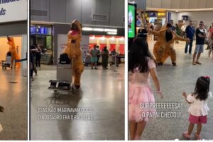 Pai usa fantasia de dinossauro para surpreender filhas em reencontro no aeroporto de Fortaleza; vídeo