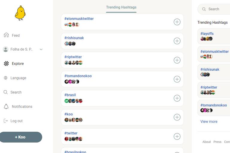 Assuntos do dia na rede social - Reprodução/Koo
