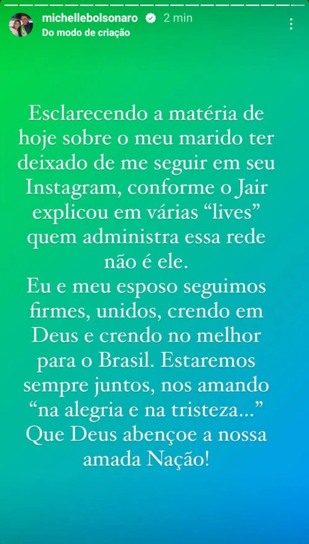 Michelle Bolsonaro explica unfollow de marido — Foto: Reprodução