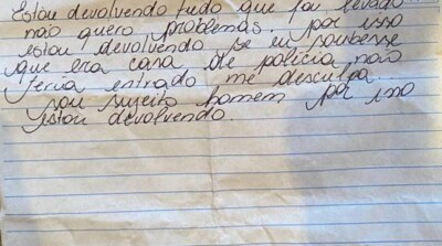 'Não quero problemas', diz ladrão em bilhete ao devolver o que furtou de casa de delegado em BH