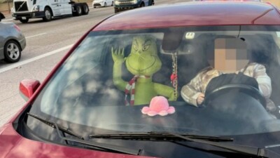 "Embora apreciemos o entusiasmo com as Festas, isto é ilegal" Motorista é multado nos EUA por levar boneco Grinch como se fosse passageiro