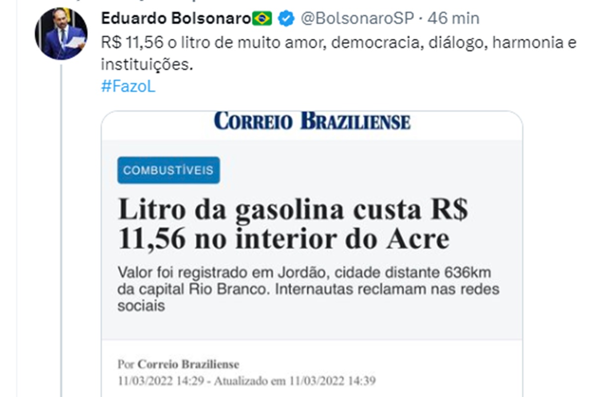 Eduardo critica gasolina a R$ 11,56 com texto da gestão Bolsonaro