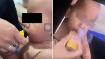 Nas imagens o bebê aparece tossindo e soltando a fumaça Mãe ri enquanto tia dá cigarro eletrônico para bebê de onze meses na Austrália; vídeo
