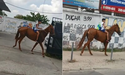 Garoto pediu cavalo emprestado para o vizinho Menino de 11 anos viraliza ao ir para escola de cavalo: 'Pneu da bicicleta furou' vídeo