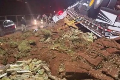 Caminhão tomba em frente a batalhão de PM em Minas Gerais e espalha maconha pela pista