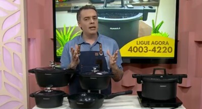 Homem tenta vender ‘panela de pressão segura’ mas suja cenário ao vivo; assista ao vídeo A panela custa mais de R$ 1 mil