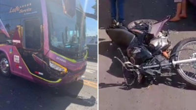 Ônibus de turismo avança sinal de pare e atinge motocicleta em Jataí