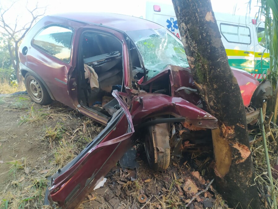 Colisão contra árvore ocorreu após saída de pista, em Nova Glória (Foto: Divulgação / Polícia Rodoviária Federal)