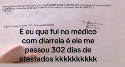 Paciente viraliza por receber 302 dias de atestado por diarreia, em Águas Lindas