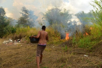 Incêndio na BR-153 faz famílias lutarem contra as chamas; bombeiros também estão no local