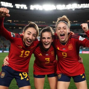 Jogadoras da Espanha comemorando a classificação