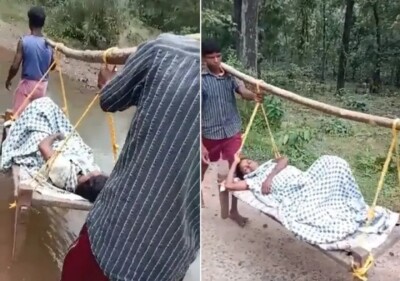 Moradores levam grávida em trabalho de parto em maca improvisada por 20km até hospital, na Índia teve que atravessar até área alagadas