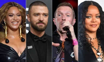 Da esquerda para a direita, Beyoncé, Justin Timberlake, Chris Martin (da banda Coldplay) e Rihanna