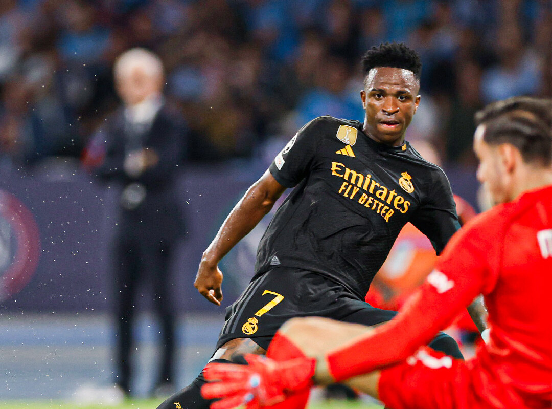 Vini Jr. marcou o primeiro gol na vitória por 3 a 2 sobre o Napoli. Foto: Divulgação Real Madrid