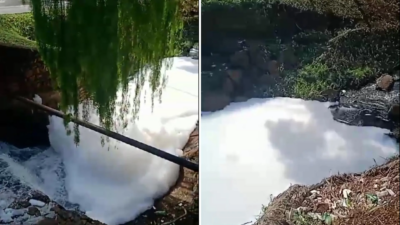 Espuma branca com cheiro de soda surge em Córrego das Pombas, em Itumbiara