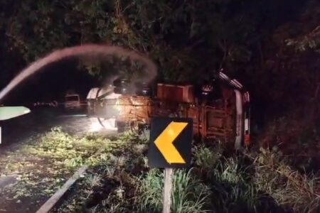 Carreta que transportava 44 mil litros de álcool tomba e colide com árvore na GO-210 6 mil litros de água foram utilizados etanol