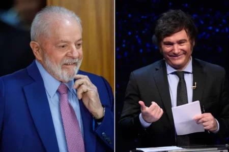 O presidente Luiz Inácio Lula da Silva e o candidato à presidência da Argentina, Javier Milei (Foto: Reprodução)