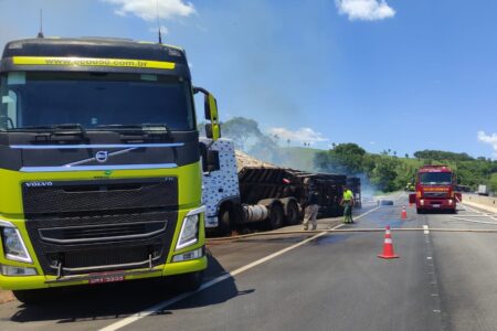Carreta tomba e pega fogo na BR-050, em Catalão
