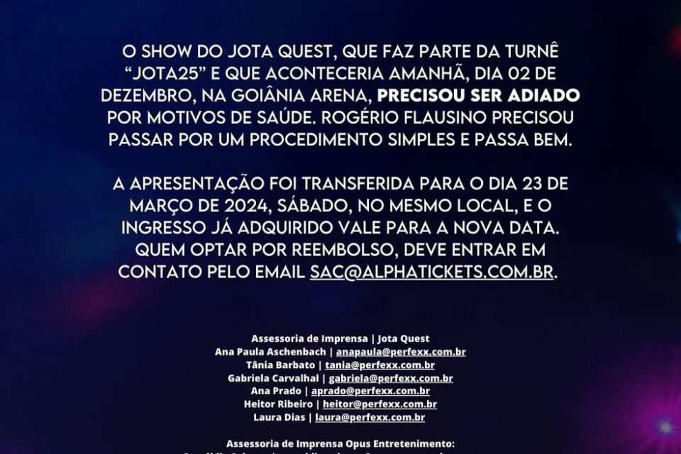 Rogério Flausino faz cirurgia de emergência e adia show em Goiânia 