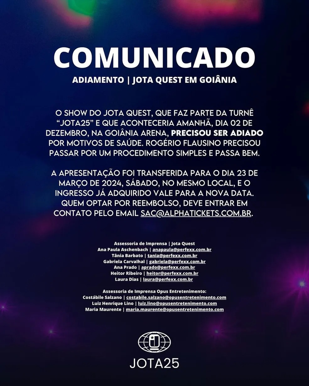 Rogério Flausino faz cirurgia de emergência e adia show em Goiânia 