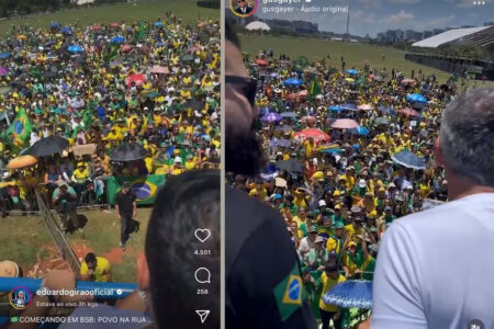 Parlamentares, como o senador Eduardo Girão (Novo-CE) e o deputado Gustavo Gayer, transmitiram nos seus perfis nas redes sociais o ato contra a indicação do ministro da Justiça, Flávio Dino, para o Supremo Tribunal Federal, em Brasília (Foto: Reprodução/Instagram Eduardo Girão e Gustavo Gayer)