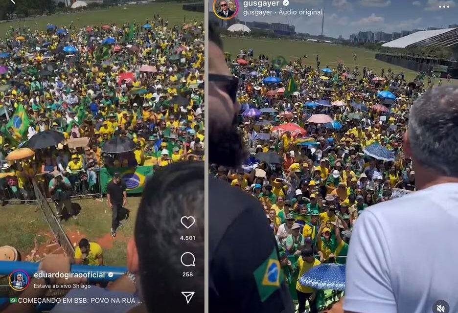 Parlamentares, como o senador Eduardo Girão (Novo-CE) e o deputado Gustavo Gayer, transmitiram nos seus perfis nas redes sociais o ato contra a indicação do ministro da Justiça, Flávio Dino, para o Supremo Tribunal Federal, em Brasília (Foto: Reprodução/Instagram Eduardo Girão e Gustavo Gayer)