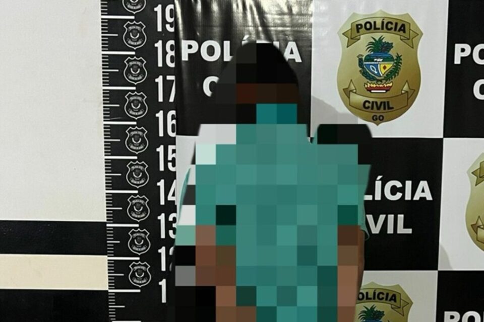 Homem suspeito de agressão contra mulher é preso em Posse. Imagem mostra o homem preso de costas e pixelado em fundo com o logo da Polícia Civil