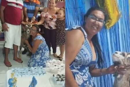 Mulher faz festa de aniversário para bode com direito a bolo e churrasco: 'rapazinho' Luck não costuma atacar ninguém vídeo