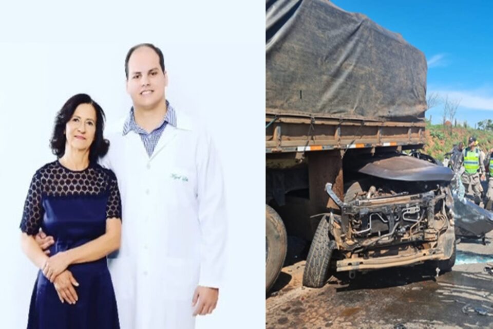 Imagem mostra montagem de médico e mãe ao lado um do outro, além do registro do acidente que ocorreu na GO-070, em Goiás.
