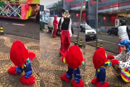 Vestido de fofão criança realiza sonho e dança com Carreta Furacão; vídeo