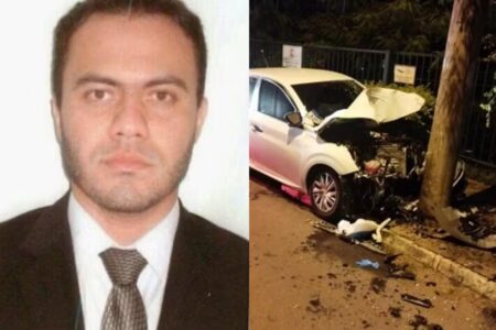 Imagem mostra delegado que morreu após bater carro contra poste em Goiânia, em uma foto 3x4. Do lado, imagem do carro batido.